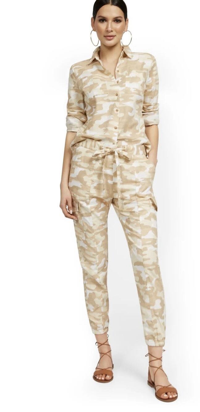 Linen Blend High Waisted Beige Camo Cargo Jogger Pant Large NY&C
